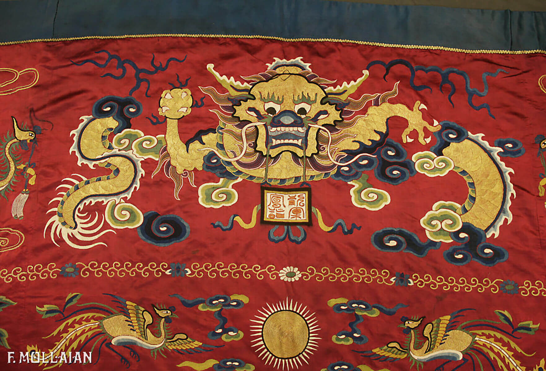Chinese Imperial Signed Antique Silk and Metal Thread Embroidery (Immortals and Fu Dog) (320x188 cm)